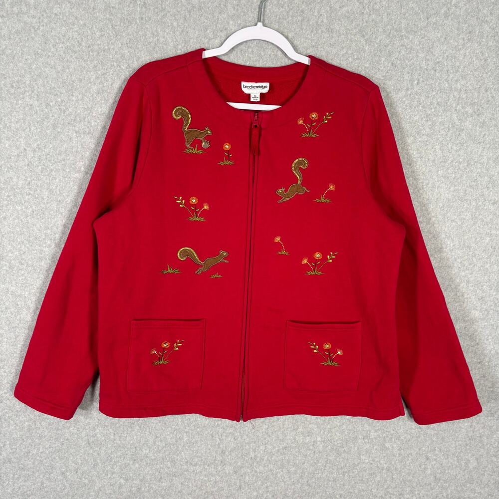 Breckenridge Sweatshirt Womens XL Red Floral Squirrel Embroidered Stitch Granny